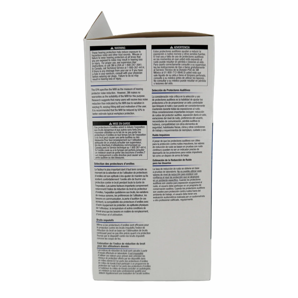 : Close-up of the multi-frequency laboratory attenuation data chart printed on the side of the 3M earplug dispenser box.