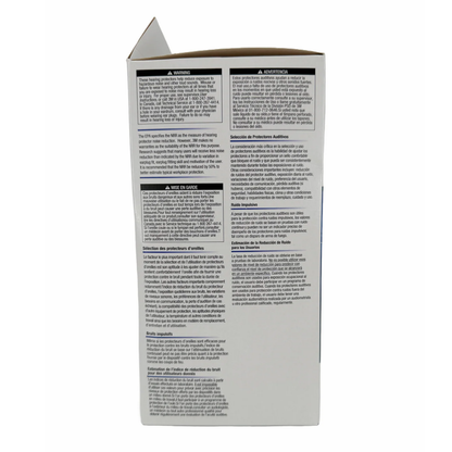 : Close-up of the multi-frequency laboratory attenuation data chart printed on the side of the 3M earplug dispenser box.