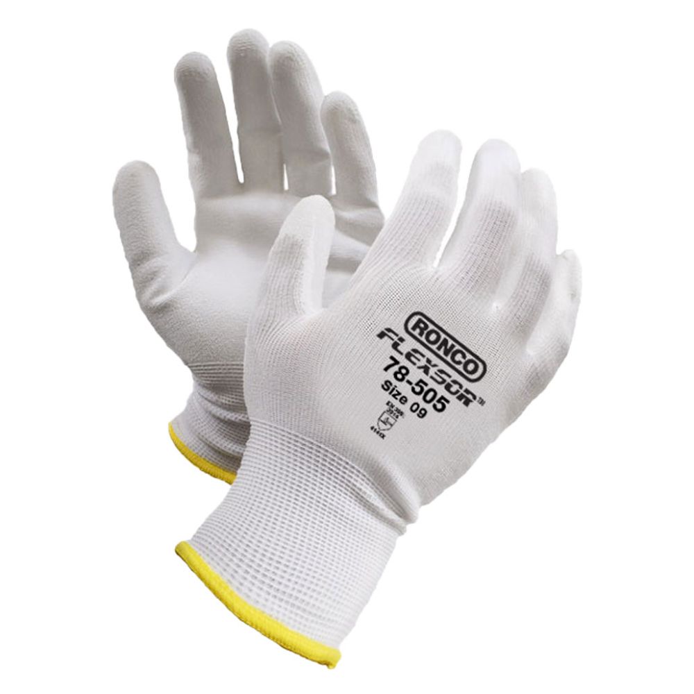Front and back view of a pair of Ronco Flexsor 78-505 white nylon knit work gloves featuring a protective white polyurethane palm coating and yellow hemmed wrists