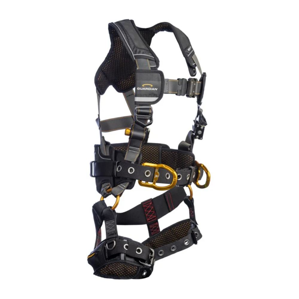 Rear view of the LEO safety harness showing the secure dorsal D-ring plate and sub-pelvic strap design for structural fall arrest.