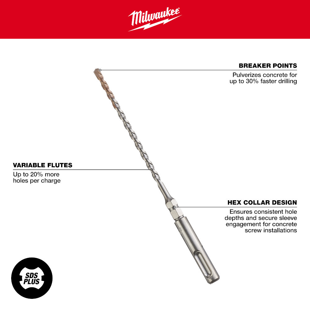 Milwaukee 48-20-7092 3/16in x 4in x 7in with 1/4in Hex 2-Cutter SDS Plus Rotary Hammer Drill Bit