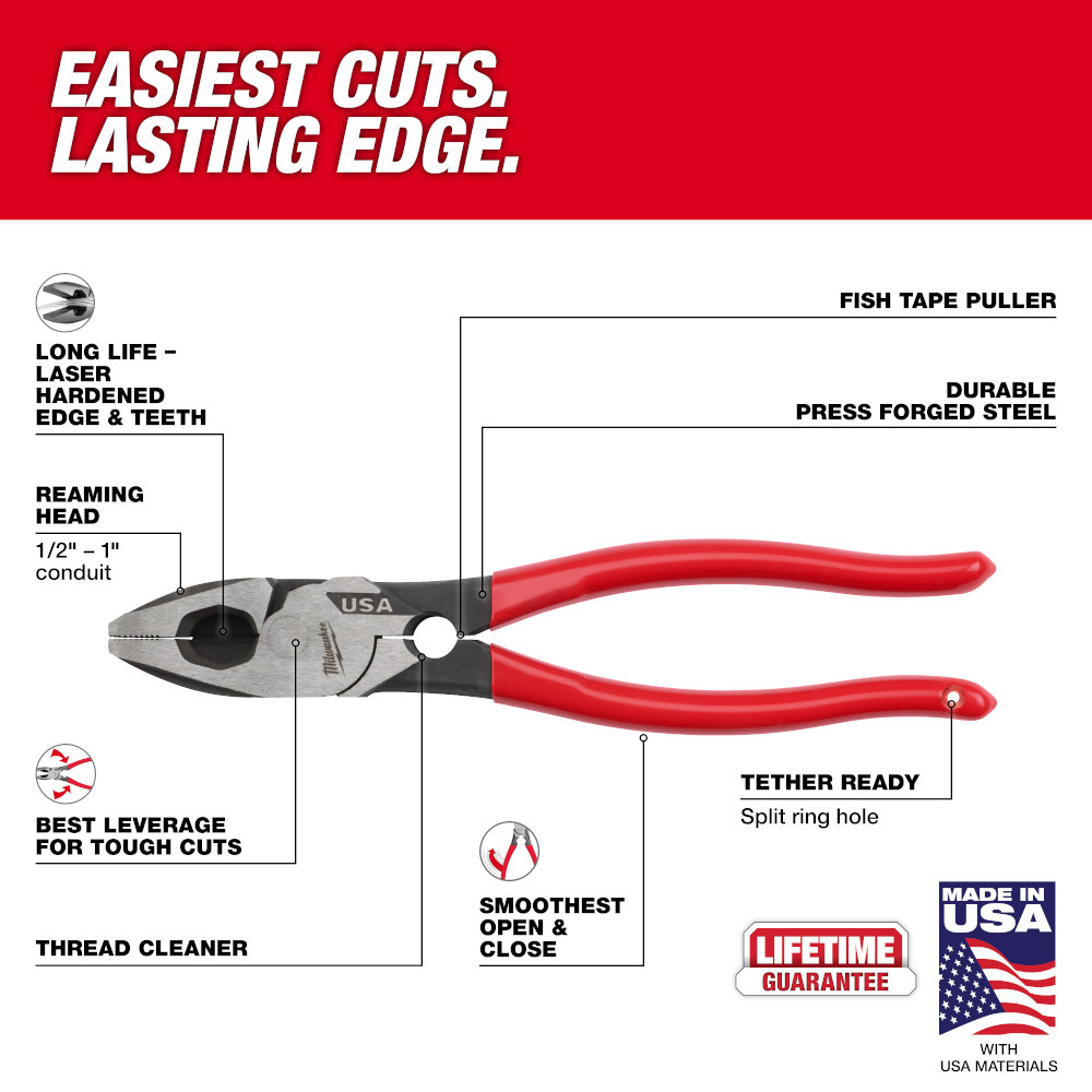 Milwaukee MT500T 9in Lineman's Dipped Grip Pliers with Thread Cleaner