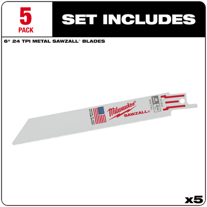 Milwaukee 48-00-5186 SAWZALL 6in 24 TPI Metal Cutting Blades - 5pk
