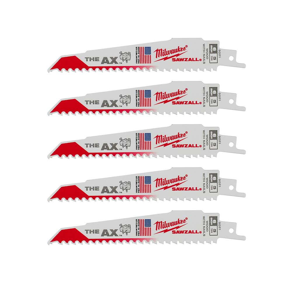 Milwaukee 48-00-5021 SAWZALL THE AX 6in 5 TPI Nail Embedded Wood Cutting Blades - 5pk
