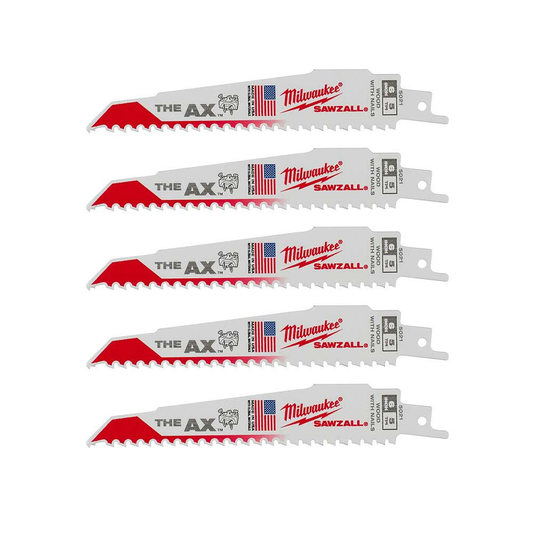 Milwaukee 48-00-5021 SAWZALL THE AX 6in 5 TPI Nail Embedded Wood Cutting Blades - 5pk