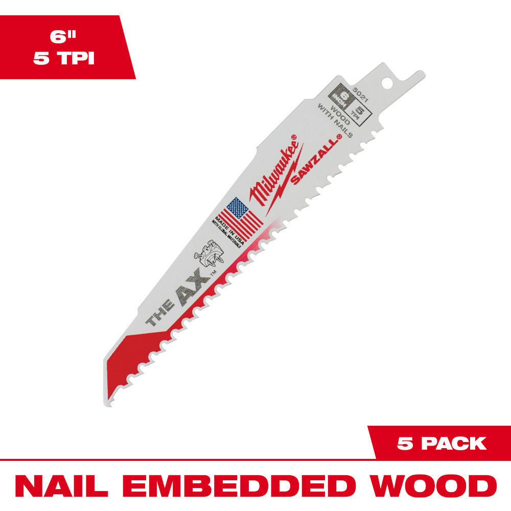 Milwaukee 48-00-5021 SAWZALL THE AX 6in 5 TPI Nail Embedded Wood Cutting Blades - 5pk