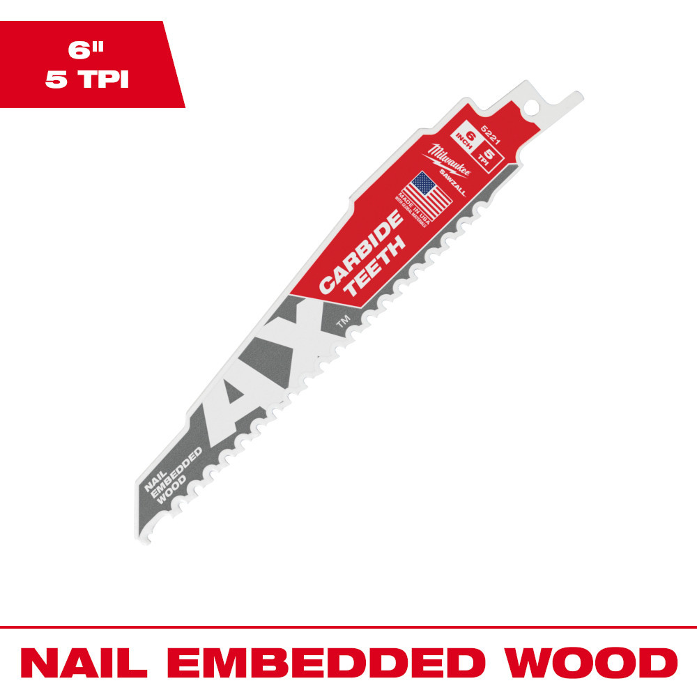 Milwaukee 48-00-5221 SAWZALL THE AX 6in 5 TPI Reciprocating Saw Blade with Carbide Teeth