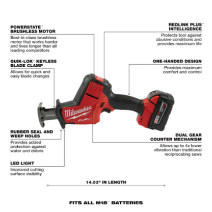 Milwaukee 2719-21 M18 FUEL 18-Volt Li-Ion Brushless Cordless HACKZALL Recip Saw Kit With(1) 5.0Ah Battery,Charger & Tool Bag