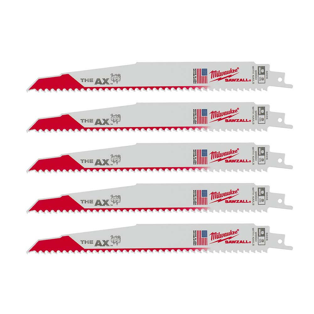 Milwaukee 48-00-5026 SAWZALL THE AX 9in 5 TPI Nail Embedded Wood Cutting Blades - 5pk