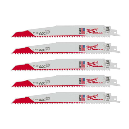 Milwaukee 48-00-5026 SAWZALL THE AX 9in 5 TPI Nail Embedded Wood Cutting Blades - 5pk