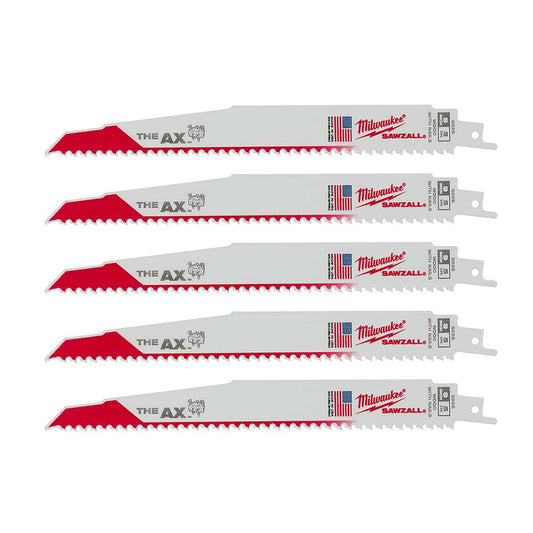 Milwaukee 48-00-5026 SAWZALL THE AX 9in 5 TPI Nail Embedded Wood Cutting Blades - 5pk