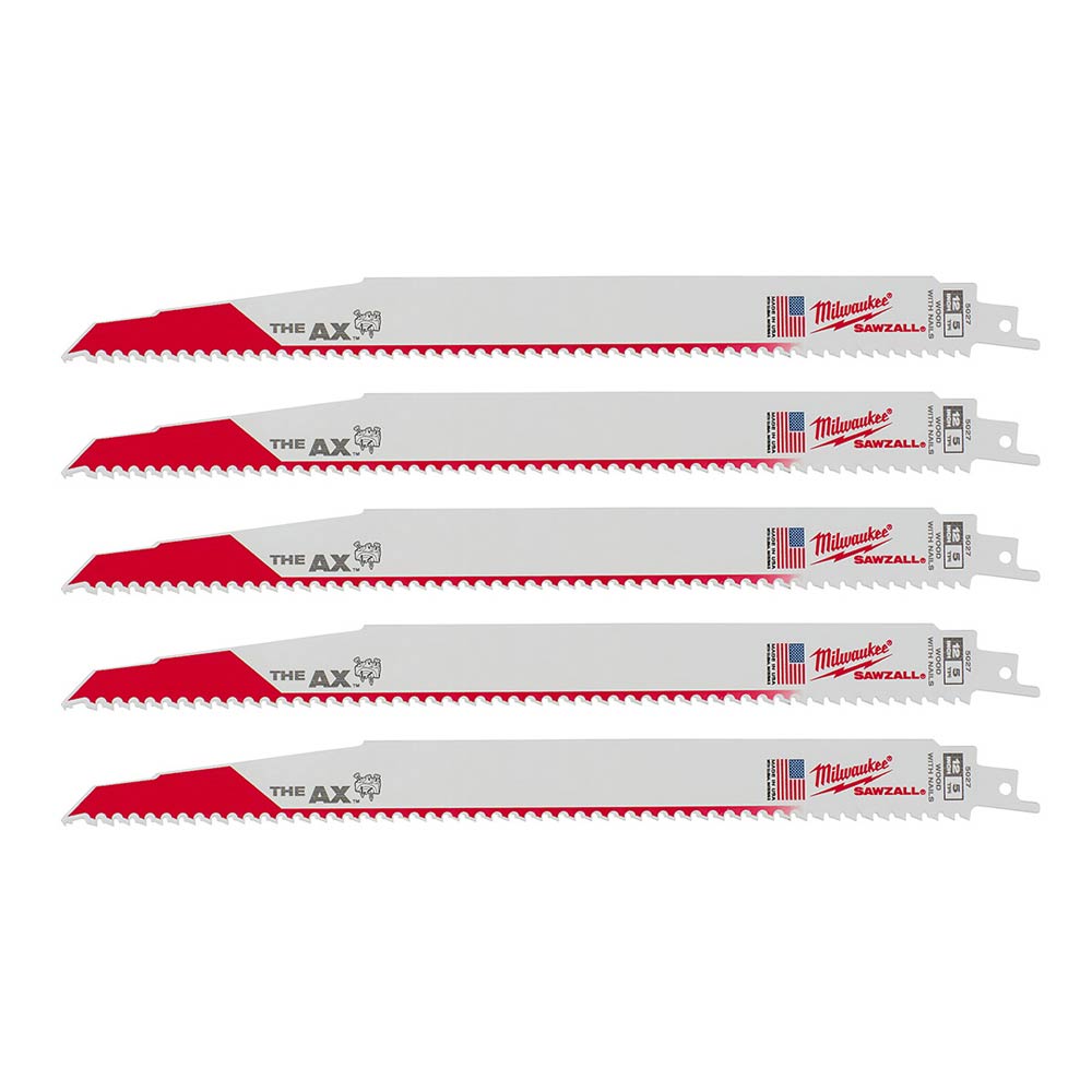 Milwaukee 48-00-5027 SAWZALL THE AX 12in 5 TPI Nail Embedded Wood Cutting Blades - 5pk