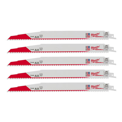 Milwaukee 48-00-5027 SAWZALL THE AX 12in 5 TPI Nail Embedded Wood Cutting Blades - 5pk