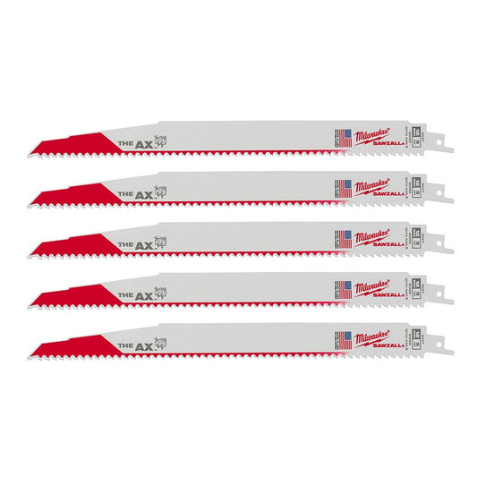 Milwaukee 48-00-5027 SAWZALL THE AX 12in 5 TPI Nail Embedded Wood Cutting Blades - 5pk