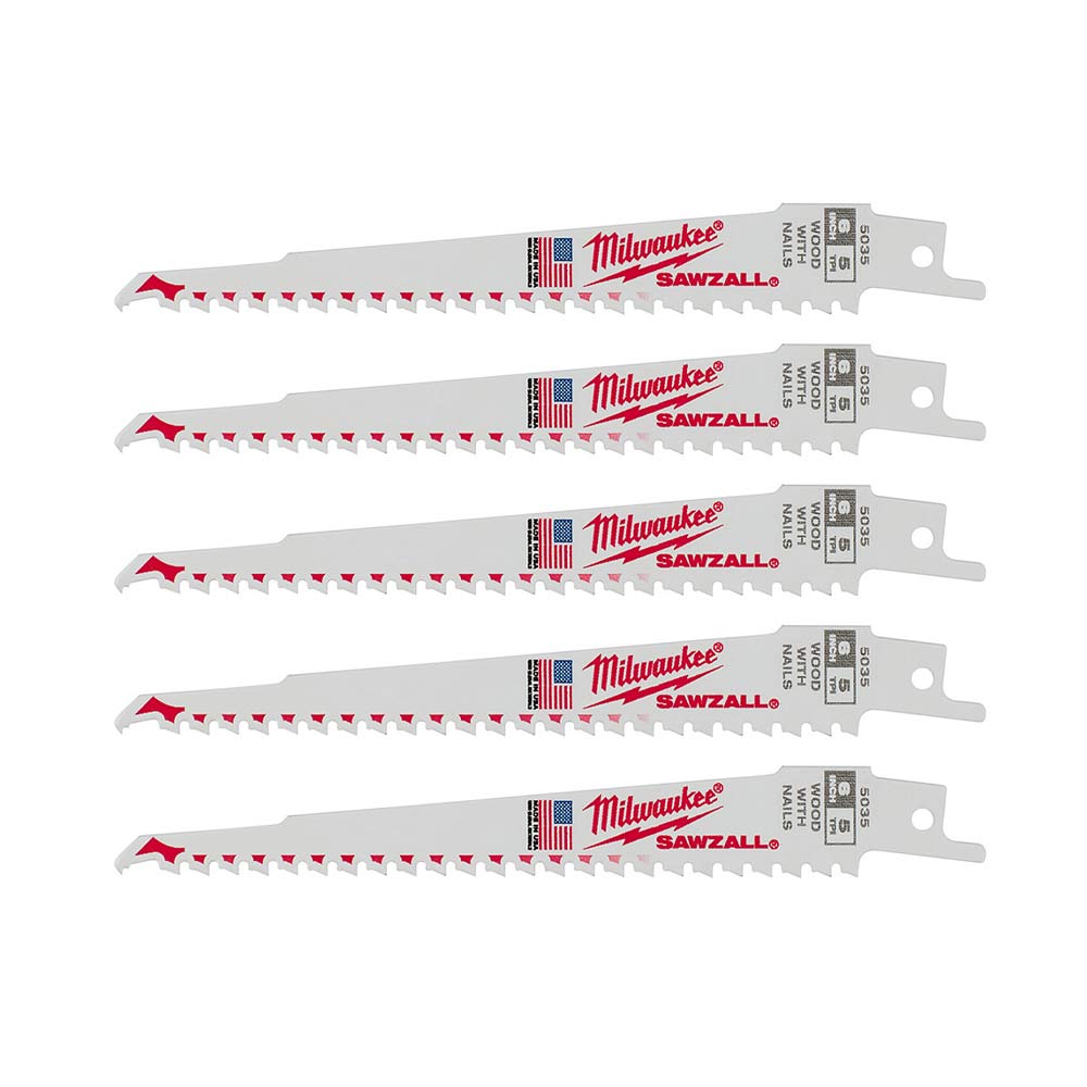 Milwaukee 48-00-5035 SAWZALL 6in 5 TPI Nail Embedded Wood Cutting Blade - 5pk