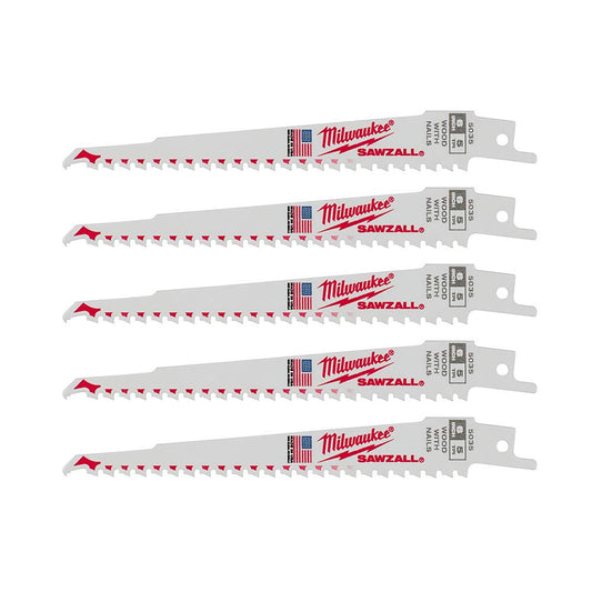 Milwaukee 48-00-5035 SAWZALL 6in 5 TPI Nail Embedded Wood Cutting Blade - 5pk