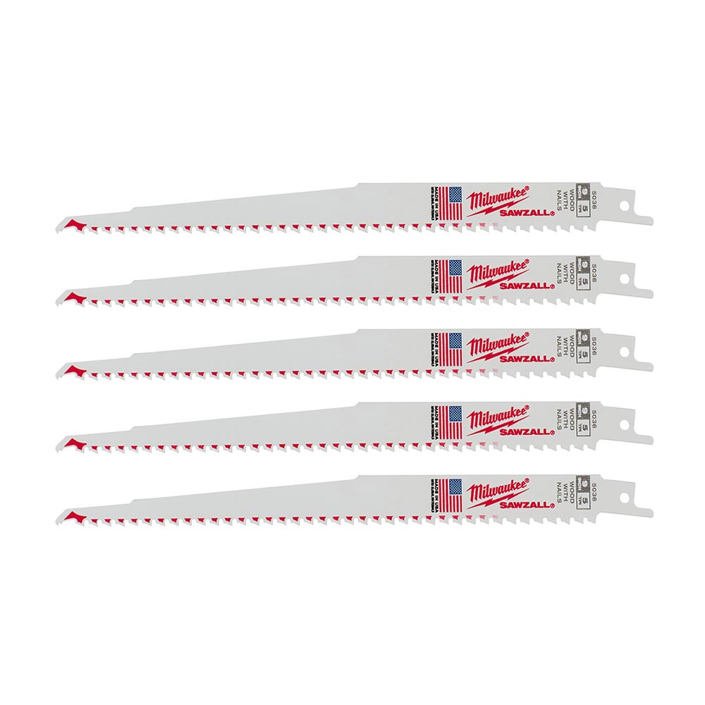 Milwaukee 48-00-5036 SAWZALL 9in 5 TPI Nail Embedded Wood Cutting Blade - 5pk