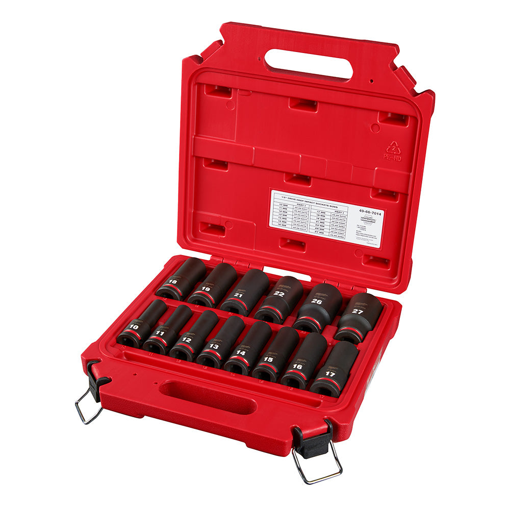 Milwaukee 49-66-7014 SHOCKWAVE Impact Duty 14pc 1/2in Metric Deep 6 Point Socket Set
