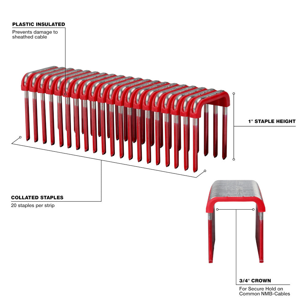Milwaukee M1-600 1in Insulated Cable Staples compatible with 2488-20 M12 Cable Stapler