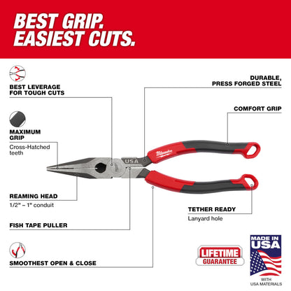 Milwaukee MT555 8in Long Nose Comfort Grip Pliers