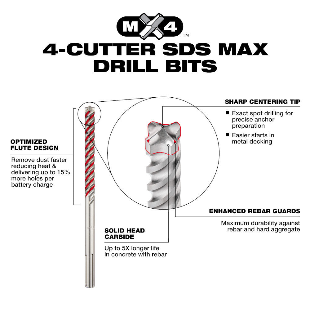 Milwaukee 48-20-3946 7/8in x 16in x 21in MX4 4-Cutter SDS-MAX Rotary Hammer Drill Bit