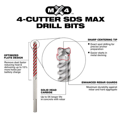 Milwaukee 48-20-7225 7/8in x 6in x 8in MX4 4-Cutter SDS-PLUS Rotary Hammer Drill Bit