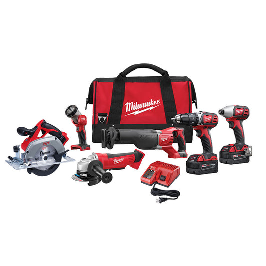 Milwaukee 2696-26 M18 6-Tool Cordless 4-1/2in Cut-Off/Grinder / 1/2in Hammer Drill/Driver / 1/4in Impact Driver / 6-1/2in Circular Saw / Reciprocating Saw / Work Light Combo Kit