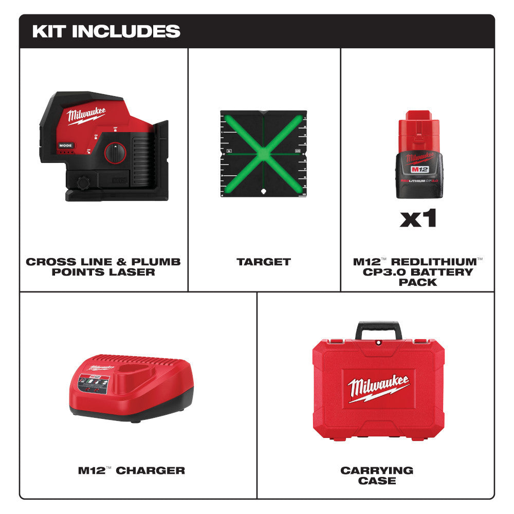 Milwaukee 3622-21 M12 Green Cross-Line and Plumb Points Laser Level Kit