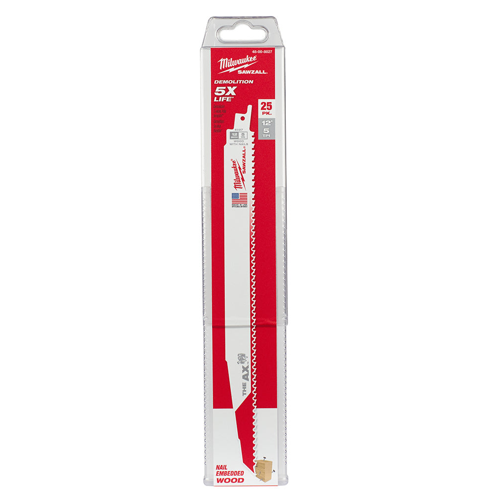 Milwaukee 48-00-8027 SAWZALL THE AX 12in 5 TPI Nail Embedded Wood Cutting Blades - 25pk