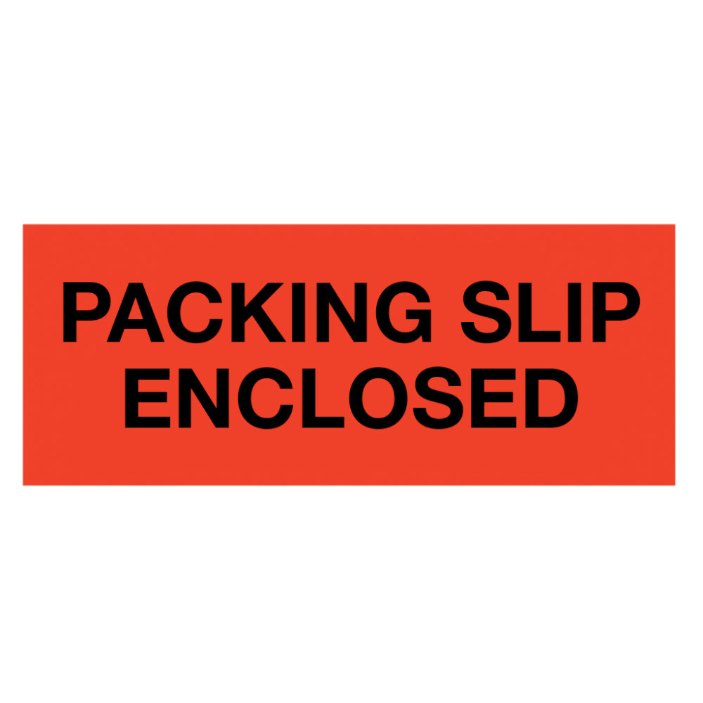 A single rectangular shipping handling warning label with a vibrant neon red background and bold black text reading PACKING SLIP ENCLOSED