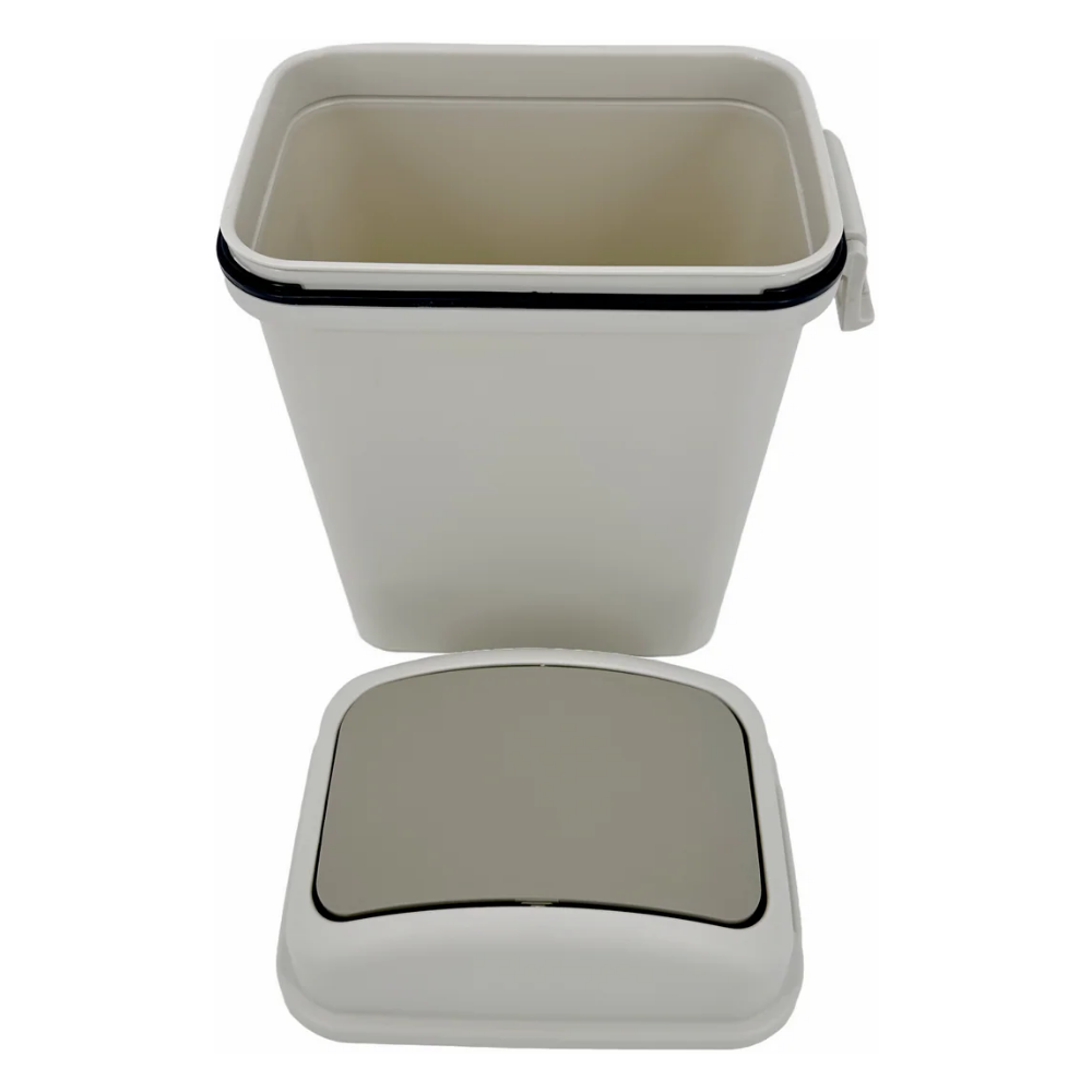 The Columbia L-12520 waste bin with the lid removed, showing the wide opening and smooth interior for easy cleaning and liner replacement.