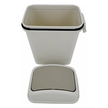 The Columbia L-12520 waste bin with the lid removed, showing the wide opening and smooth interior for easy cleaning and liner replacement.