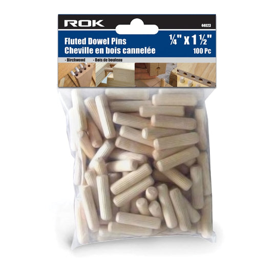 ROK 44023 1/4in Fluted Birchwood Dowel Pins - 100pk