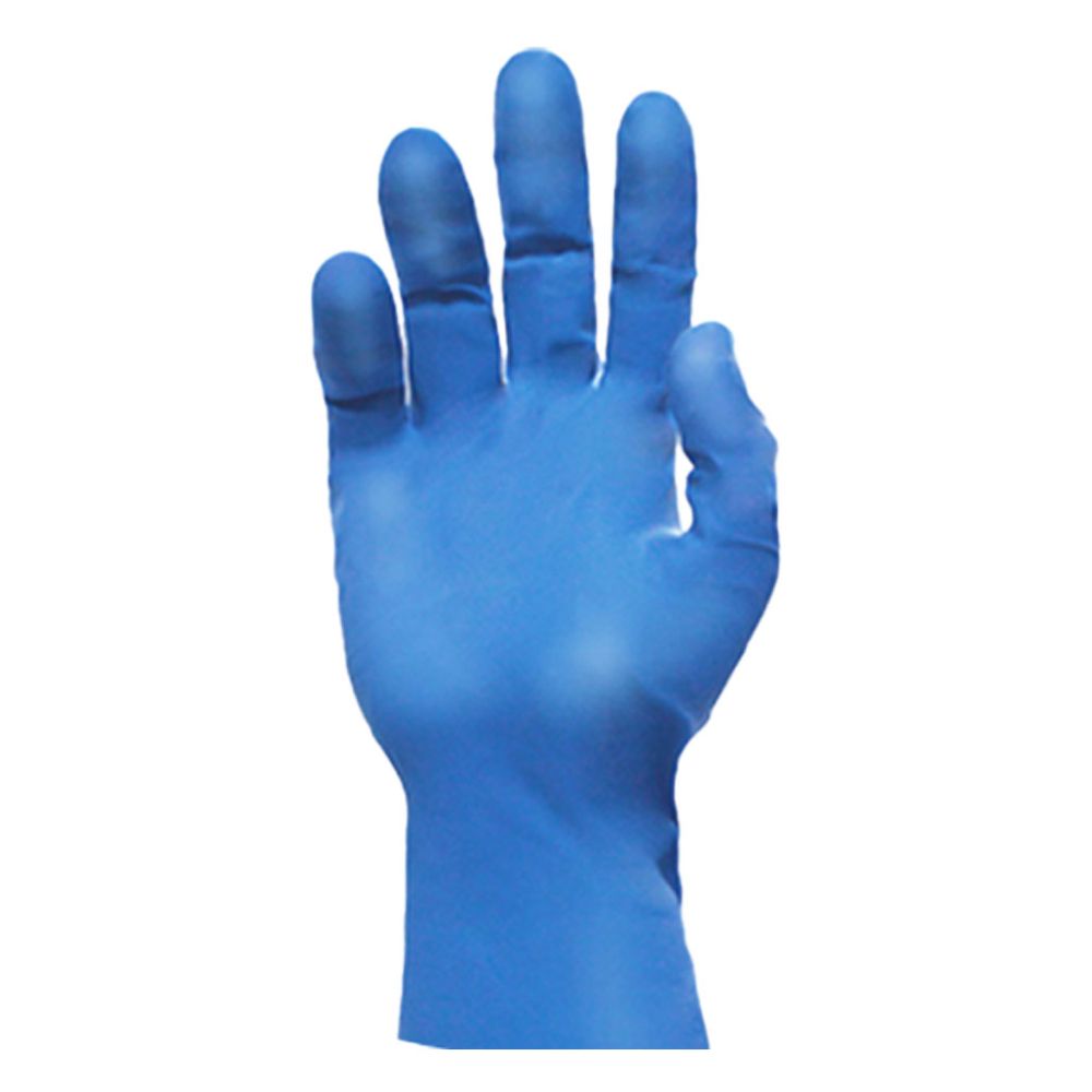 Ronco Silktex XPL blue powder-free latex examination glove, single glove view