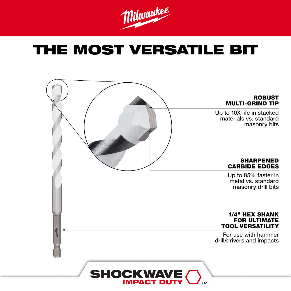 Milwaukee 48-20-8884 SHOCKWAVE 3/16in x 6in Carbide Multi-Material Drill Bit