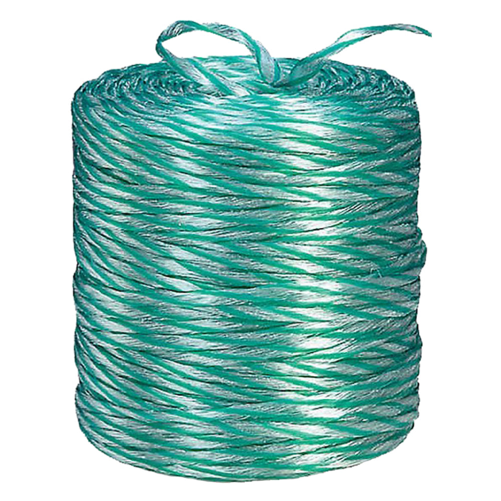 A single center-pull tube roll of spiral-wound green and white polypropylene conduit pulling line twine isolated on a white background