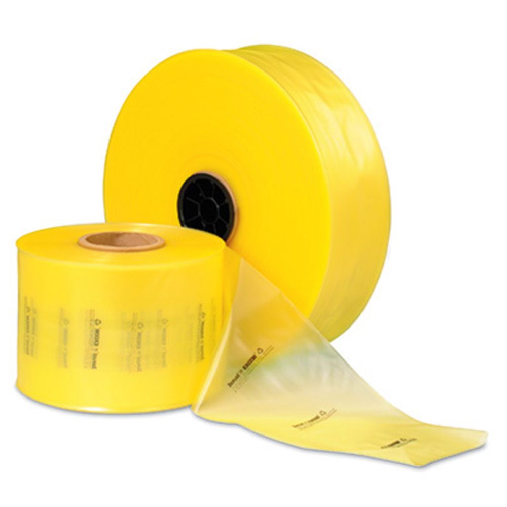 A large heavy-duty roll of yellow translucent Zerust VCI ferrous poly tubing for anti-corrosion metal parts packaging