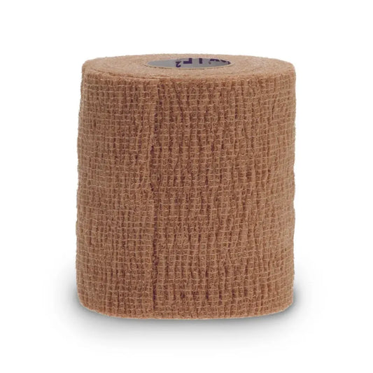 Roll of 3-inch tan adhesive crepe bandage with a textured elastic surface for secure joint support and compression in sports or first aid.