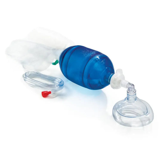 Adult manual self-inflating bag-valve mask with blue resuscitator bag, oxygen reservoir, and clear face mask