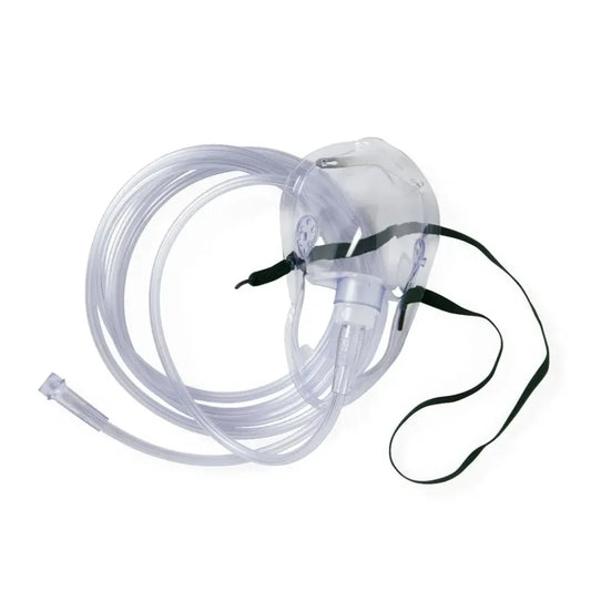 Adult medium concentration oxygen mask with clear PVC face piece, black elastic head strap, and coiled supply tubing.