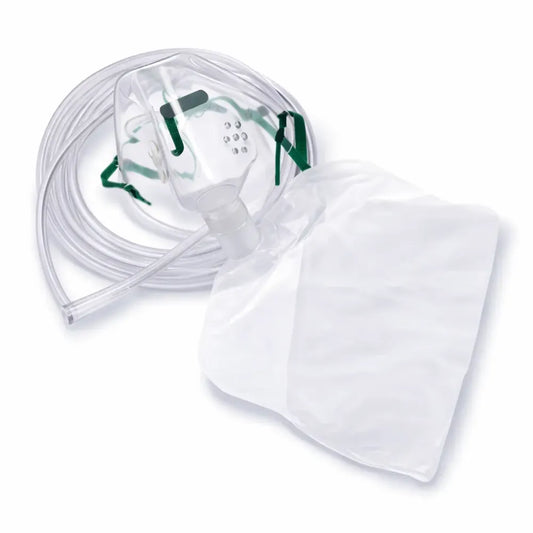 Adult non-rebreather oxygen mask featuring a clear face piece, green elastic strap, reservoir bag, and supply tubing.