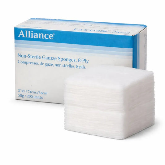 Box of 200 Alliance non-sterile 8-ply gauze sponges, 3x3 inch size, stacked for high-absorbency wound cleaning and medical use.