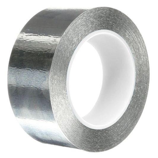 Roll of AF-30SW linerless silver aluminum foil tape, 24mm wide, displaying its shiny and reflective metallic surface on a solid white background.