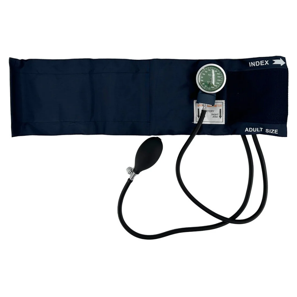Close-up view of the high-contrast precision aneroid gauge dial for the LEO manual blood pressure monitor, measuring up to 300 mmHg.