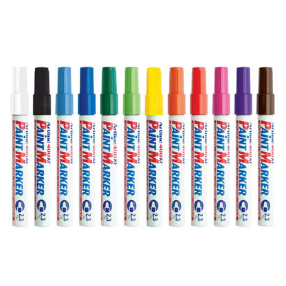 A row of twelve assorted colors of Artline 400XF xylene free paint markers with 2.3mm bullet tips.