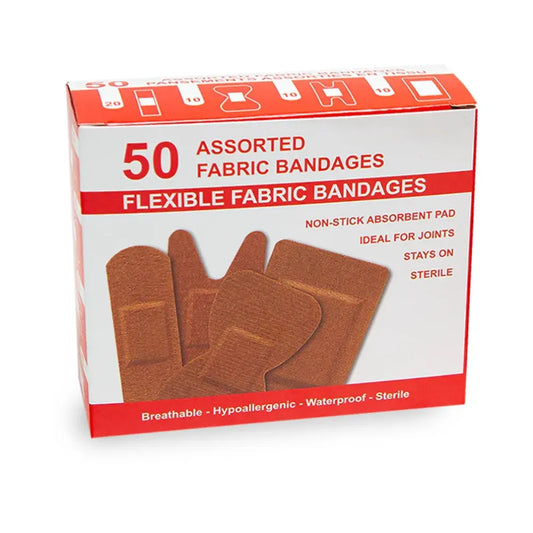 Box of 50 sterile flexible fabric bandages in assorted shapes including fingertip and knuckle strips with non-stick absorbent pads.