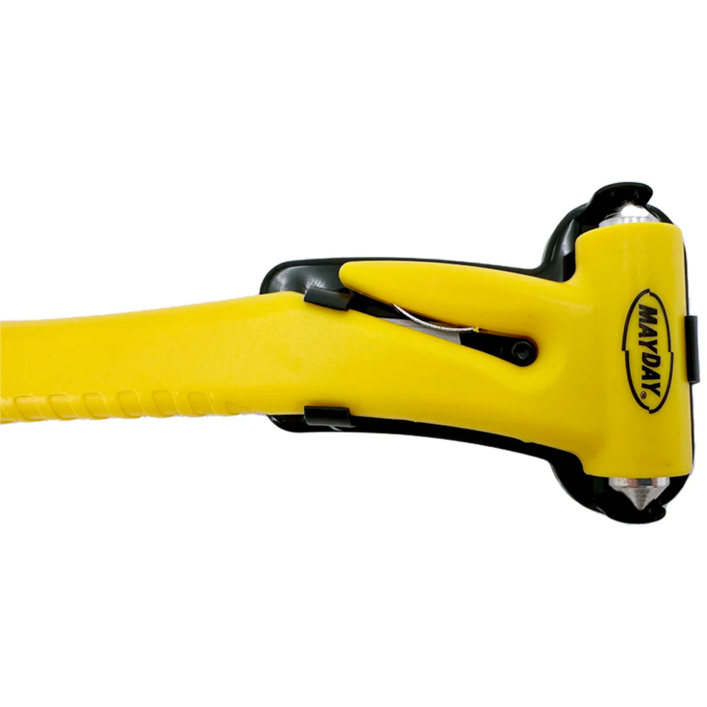 Automobile emergency hammer and seat belt cutter with retail packaging.