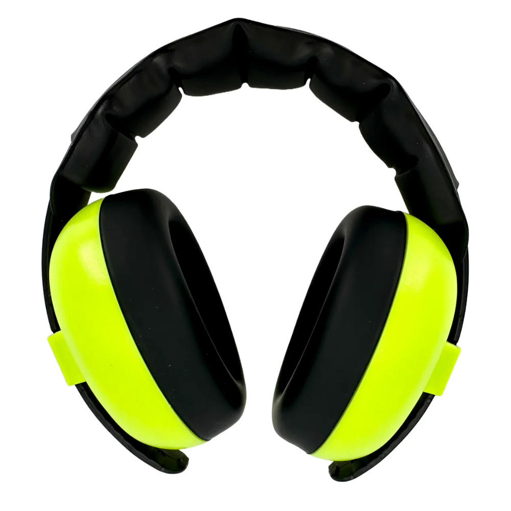 Clear close-up of the loose over-head style infant ear muffs with light blue earcups, black foam padding rings, and a flexible structural crown strap.