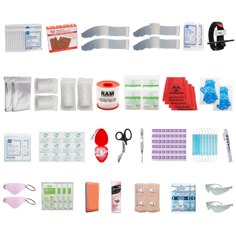 B.C. FSBCADV-R advanced first aid refill kit components featuring professional emergency medical supplies.