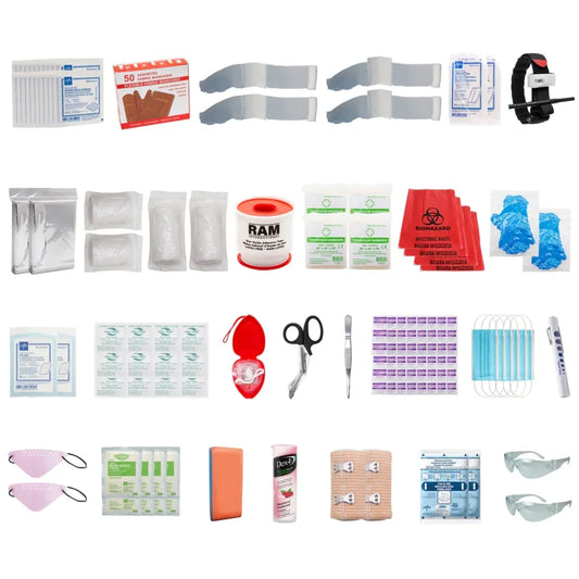 B.C. FSBCADV-R advanced first aid refill kit components featuring professional emergency medical supplies.